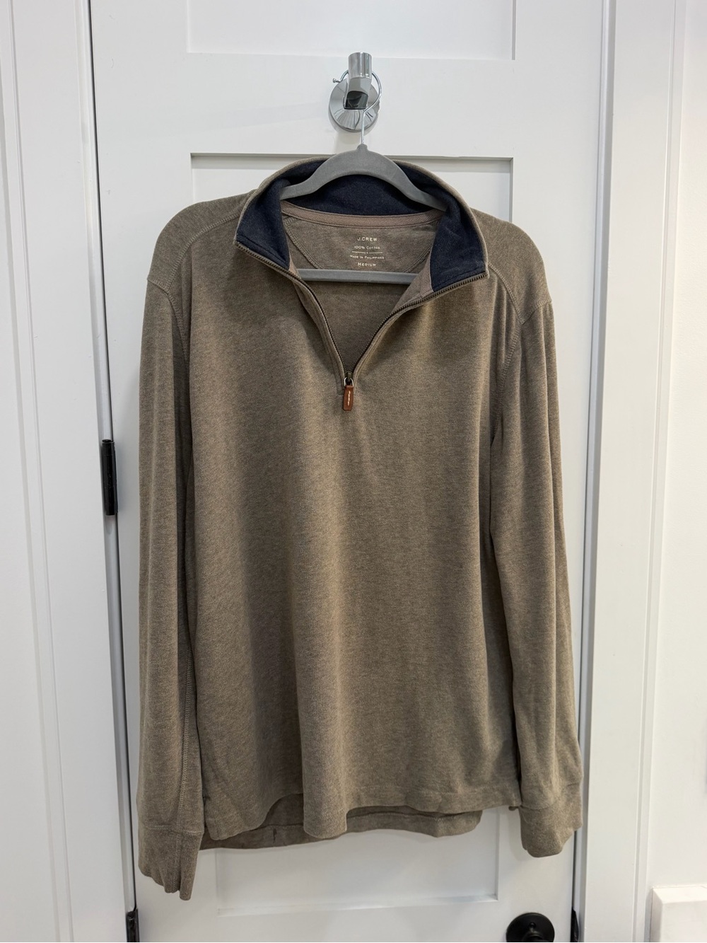 J. Crew Men's Zip-Up Sweater in Brown with Navy Trim